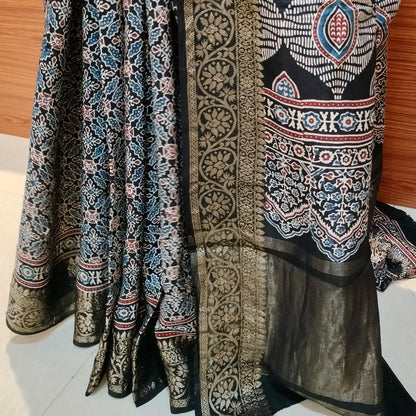 Ajrakh Modal Dola Silk Blue With Black