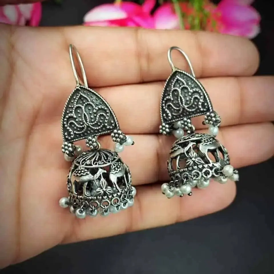 OXIDISED SILVER CAMEL JHUMKA