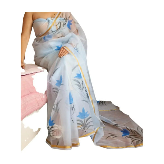 Organza Handblock Print Saree Sky Blue
