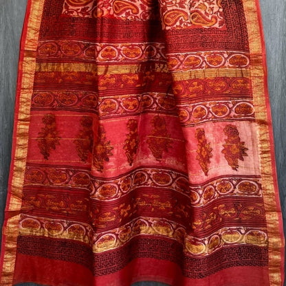 Maheshwari Cotton Silk Maroon Orange Saree