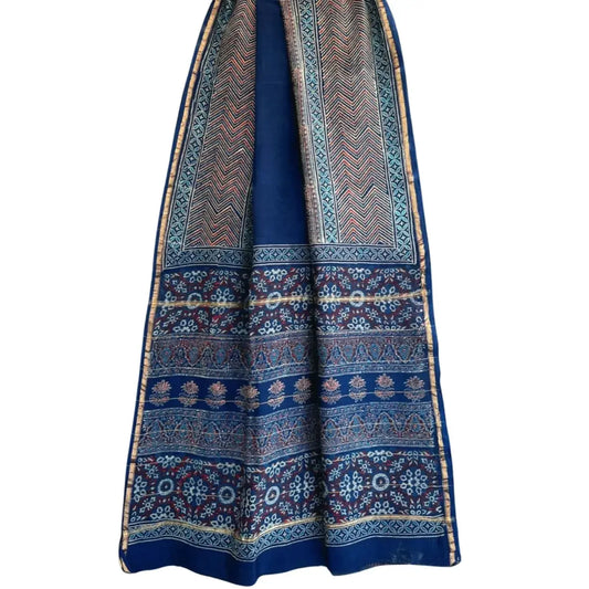 Chanderi cotton Silk Ajrakh Print Blue