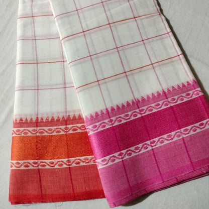 Dhaniakhali Pure Cotton Saree Pink with Orange