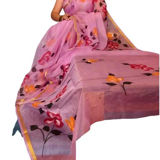Organza Handblock Print Saree Pink