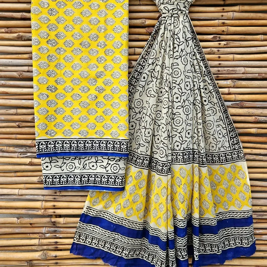 Handblock Print Cotton Suit Material Yellow With Blue