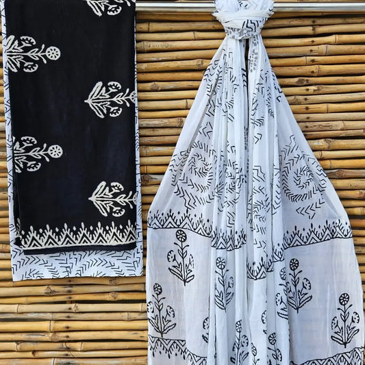 Handblock Print Suit Material Black with White