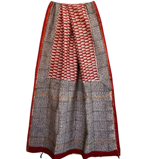 Chanderi Cotton Silk Saree Handblock Print Maroon