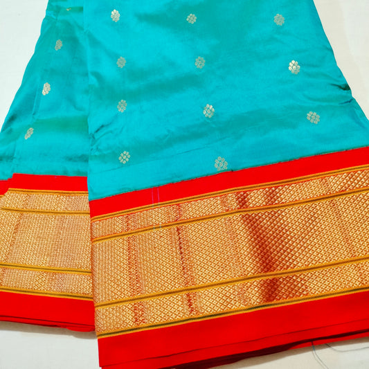 Paithani Pure Silk Light Green With Orange Red
