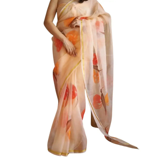 Organza Handblock Print Saree Peach
