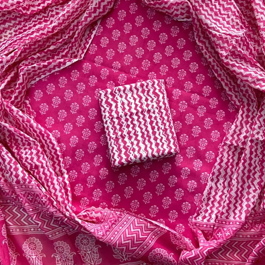 HANDBLOCK PRINT COTTON SUIT PINK WITH WHITE