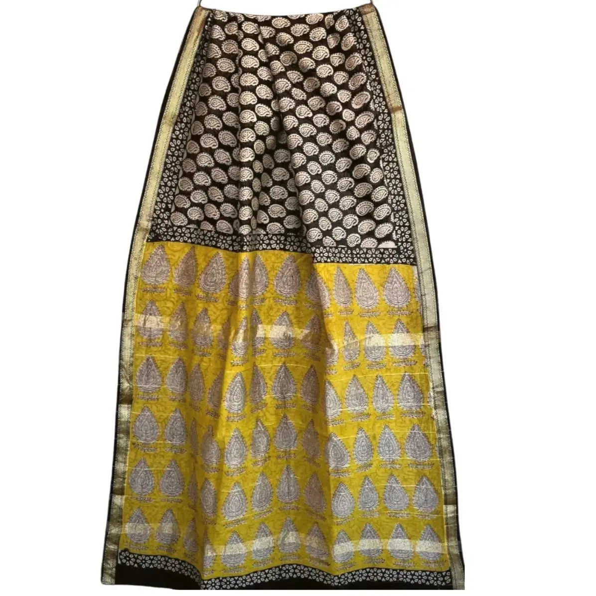 Maheshwari Cotton Silk Saree Black Print With Yellow