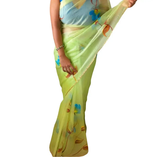 Organza Handblock Print Saree Green