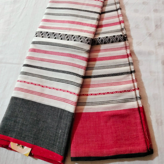 Dhaniakali Cream With Red Border Saree