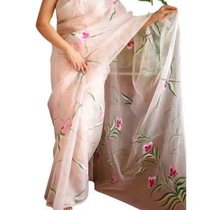 Organza Handblock Print Saree Brown