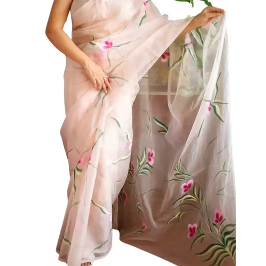 Organza Handblock Print Saree Brown