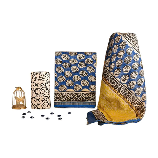CHANDERI COTTON SILK SALWAR SUIT BLUE PRINT WITH WHITE