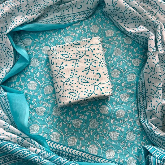 HANDBLOCK PRINT COTTON SUIT WHITE WITH LIGHT BLUE
