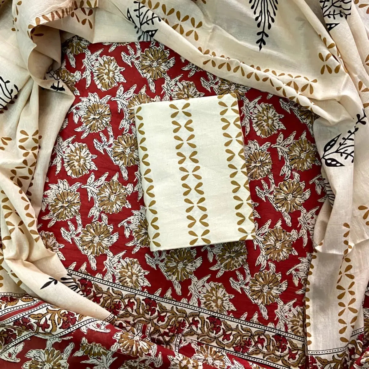 HANBLOCK PRINT COTTON SUIT MAROON WITH CREAM