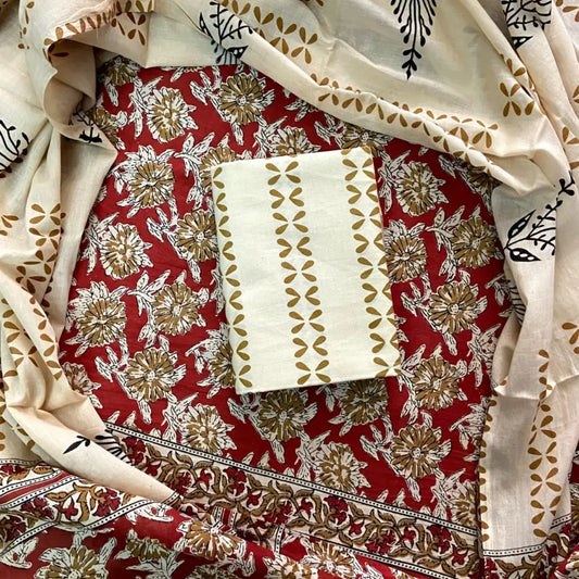 HANBLOCK PRINT COTTON SUIT MAROON WITH CREAM