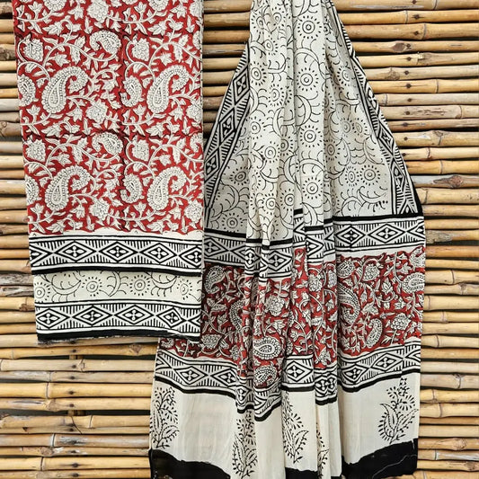 Handblock Print Cotton Salwar Suit Red with Cream