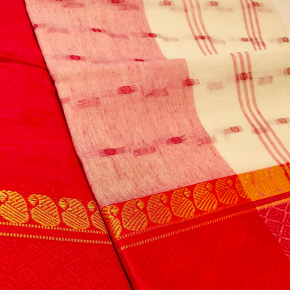 Cotton Handloom White with Red