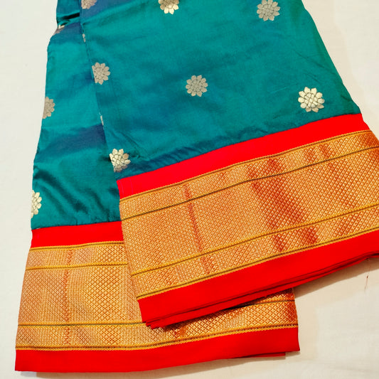Paithani Pure Silk Bottle Green With Orange Red