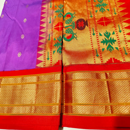 Paithani Pure Silk Dark Violet With Orange Red