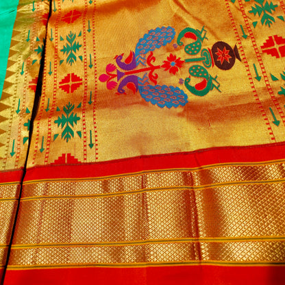 Paithani Pure Silk Green With Orange Red