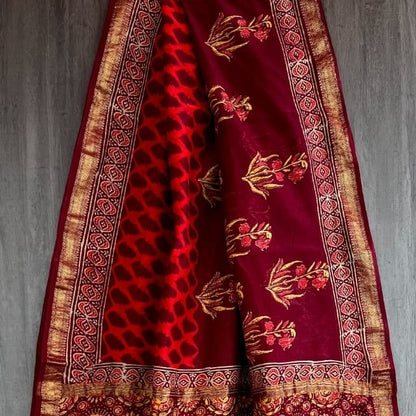 Maheshwari Cotton Silk Maroon Orange Saree