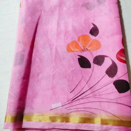 Organza Handblock Print Saree Pink