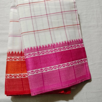 Dhaniakhali Pure Cotton Saree Pink with Orange