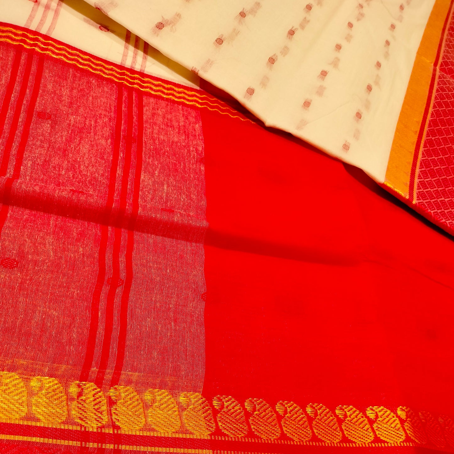 Cotton Handloom White with Red