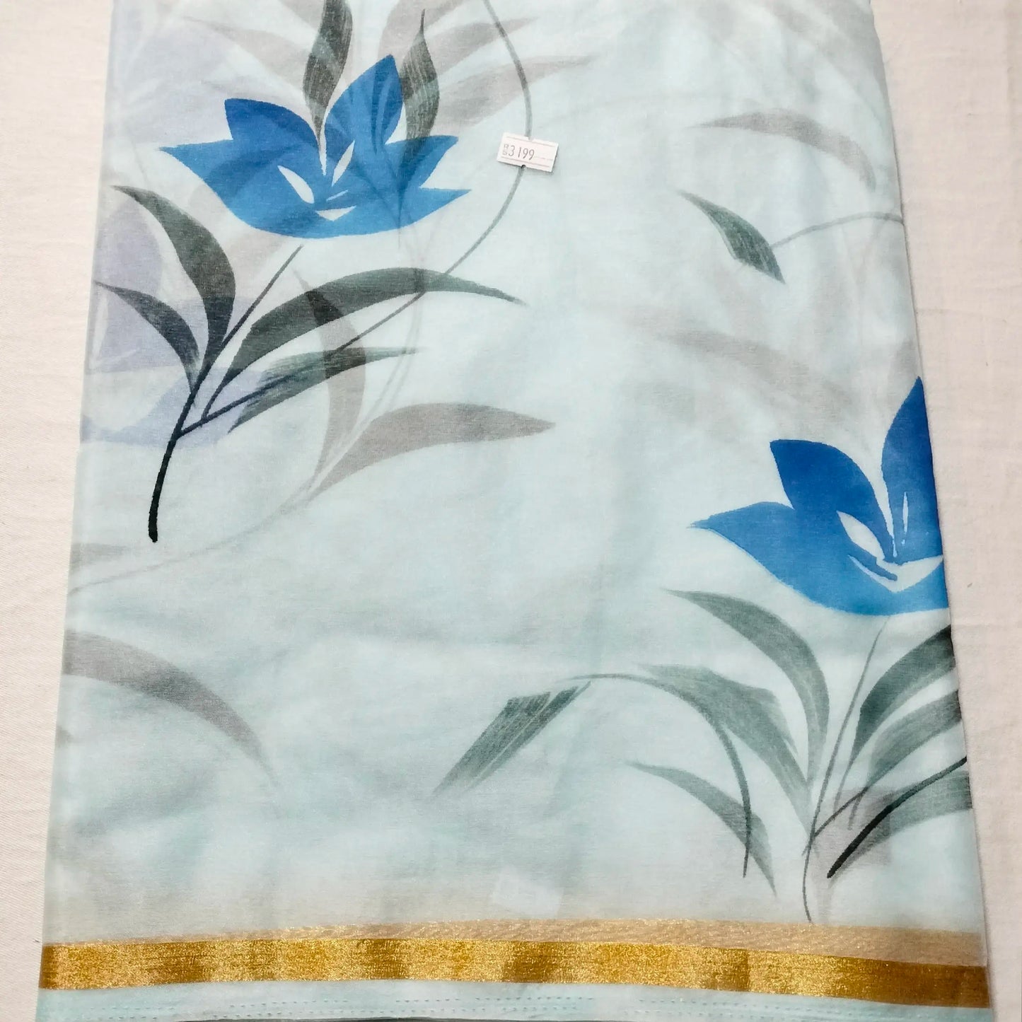 Organza Handblock Print Saree Sky Blue