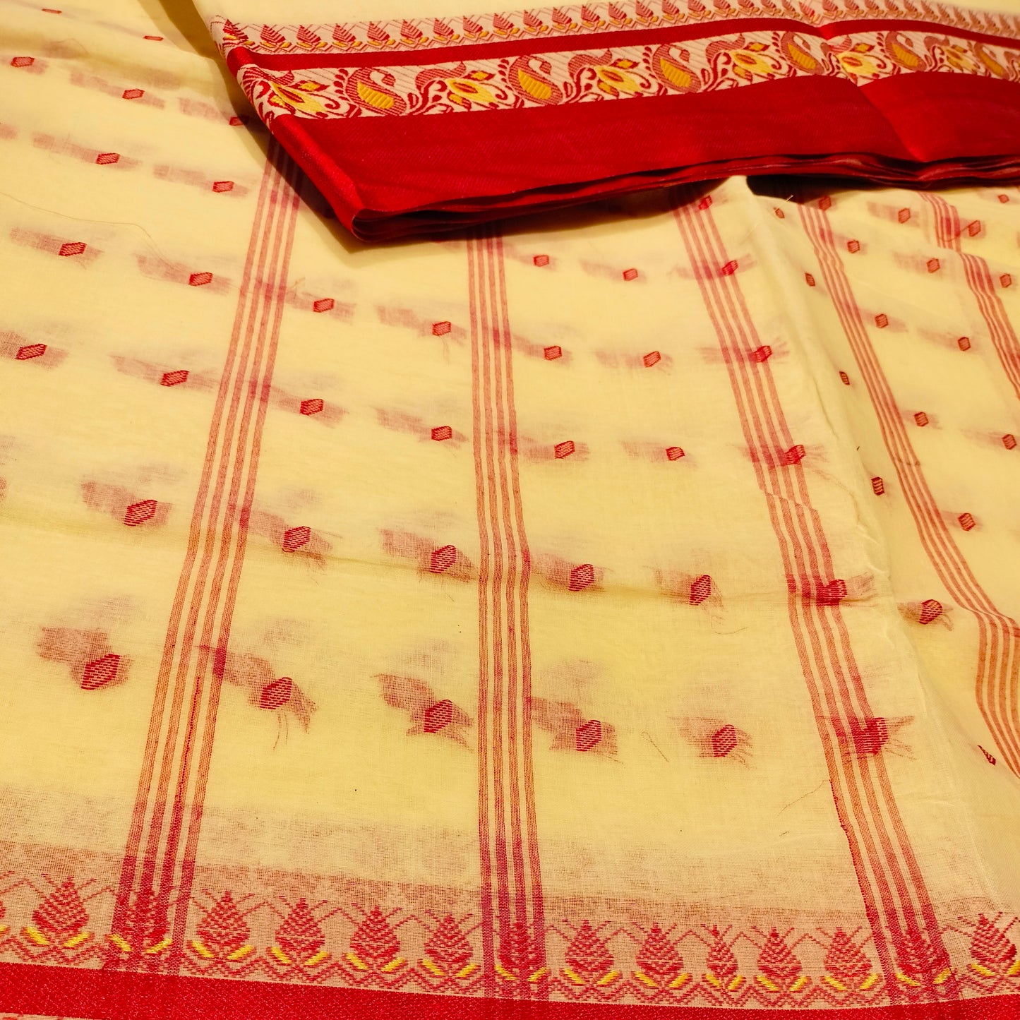 Cotton Handloom Cream with Red