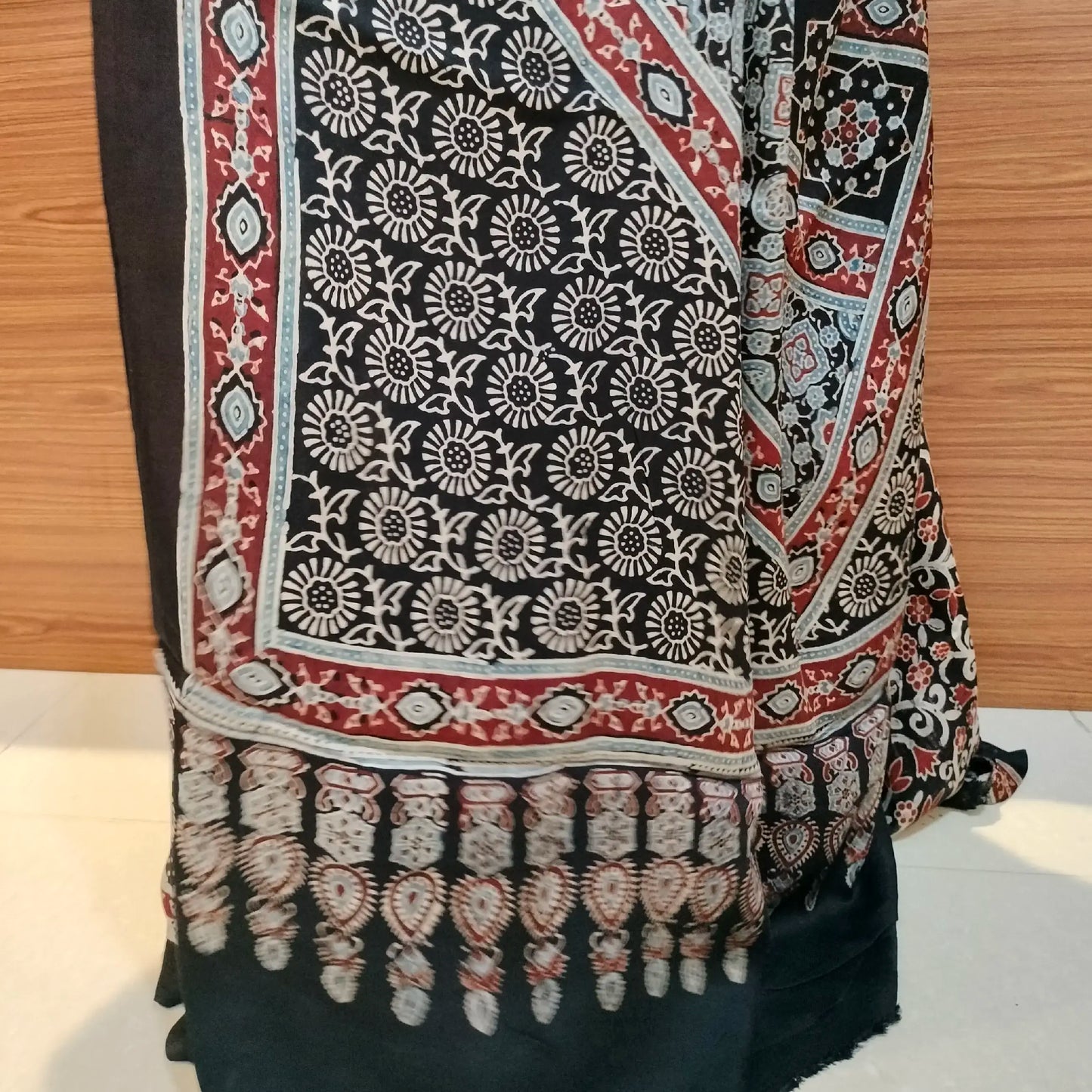 Ajrakh Modal Silk Saree Black