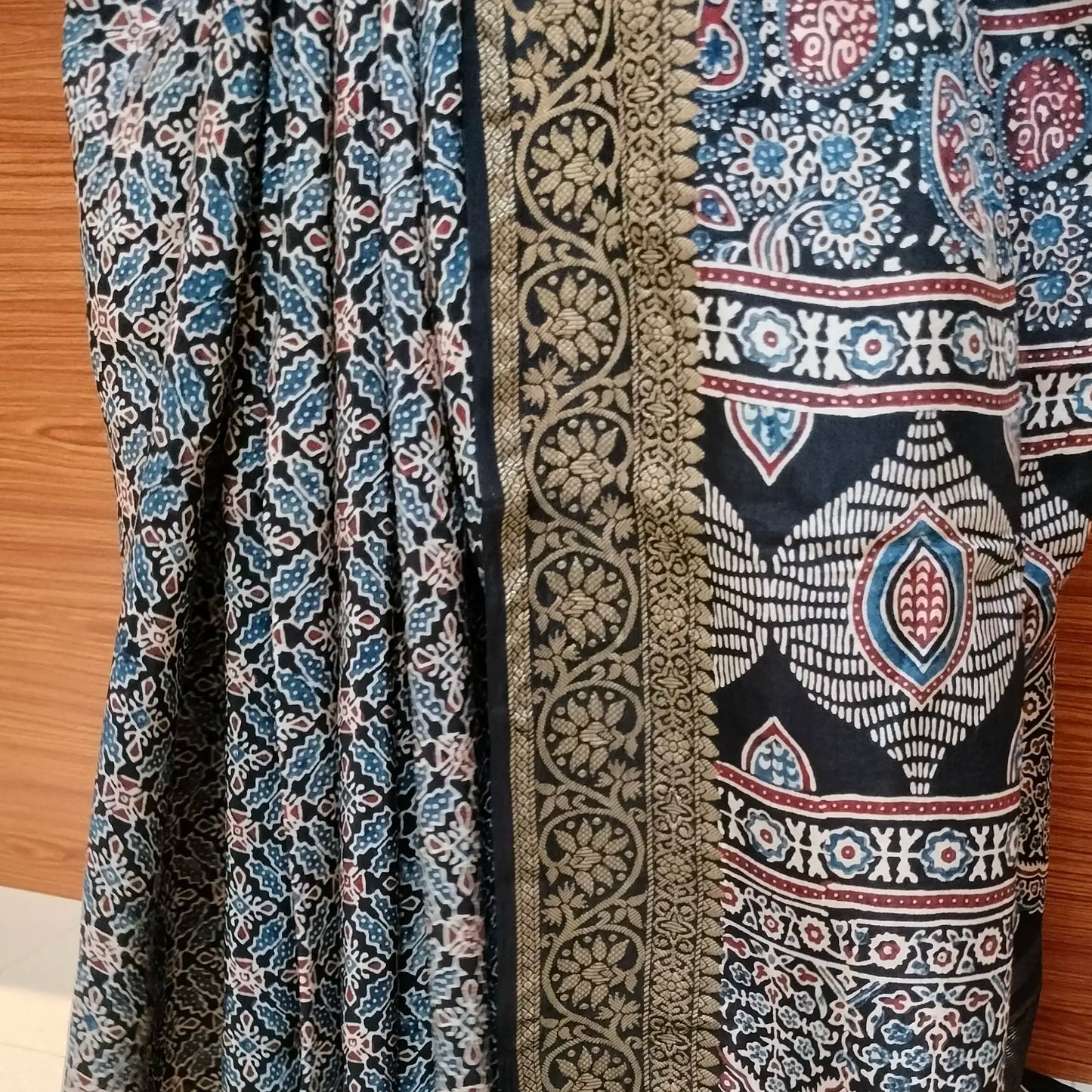 Ajrakh Modal Dola Silk Blue With Black