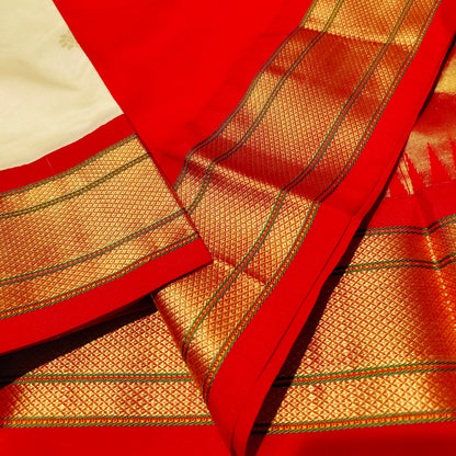 Paithani Pure Silk White With Orange Red