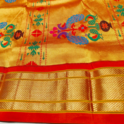 Paithani Pure Silk Green With Orange Red