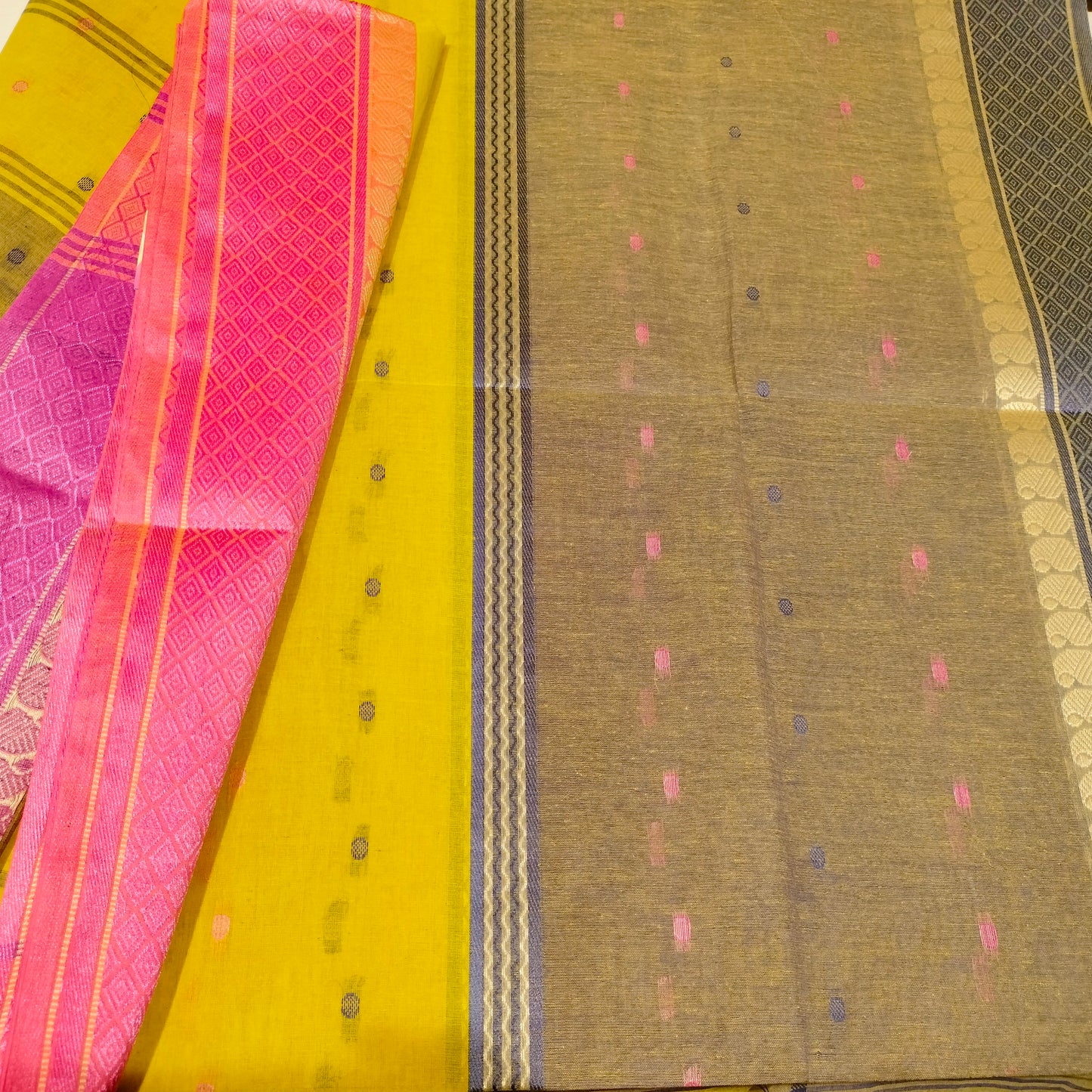 Cotton Handloom Saree Yellow With Pink