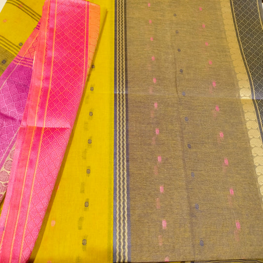 Cotton Handloom Saree Yellow With Pink