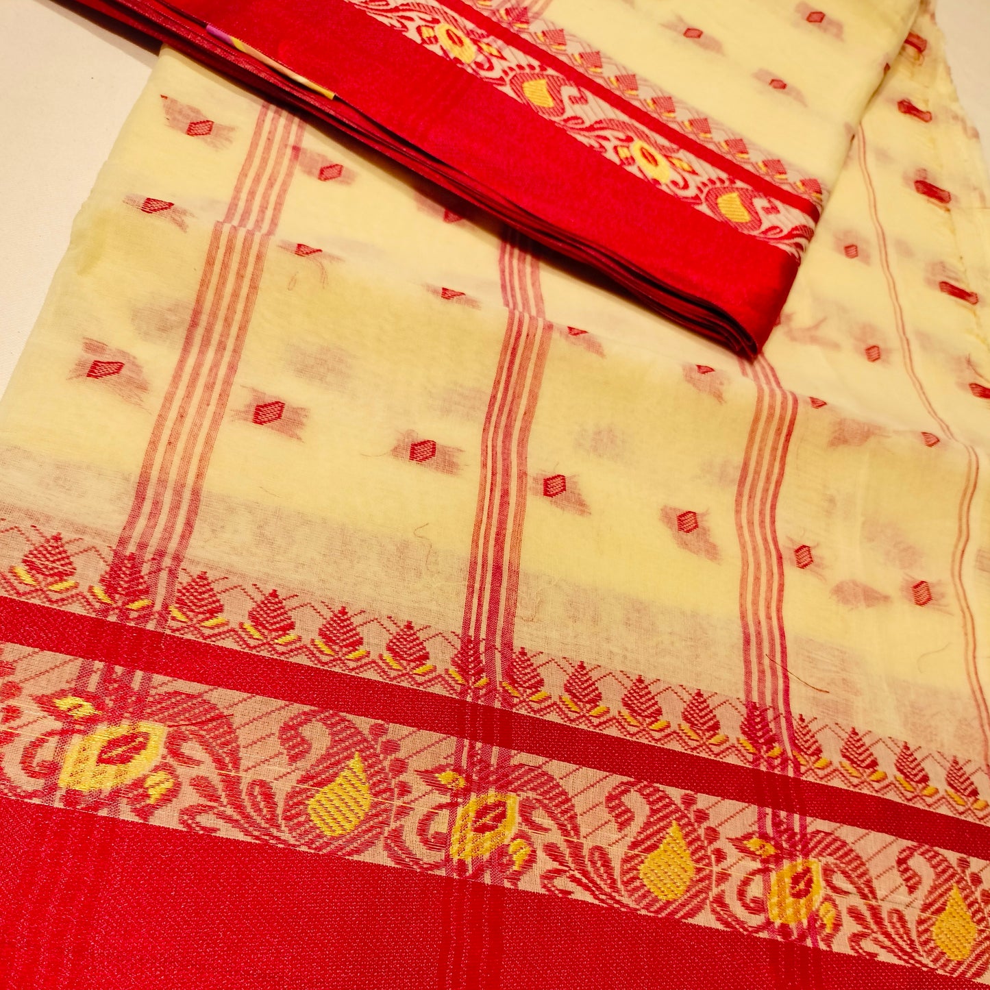 Cotton Handloom Cream with Red
