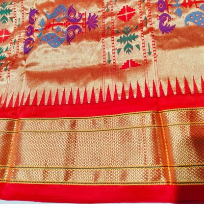 Paithani Pure Silk Bottle Green With Orange Red