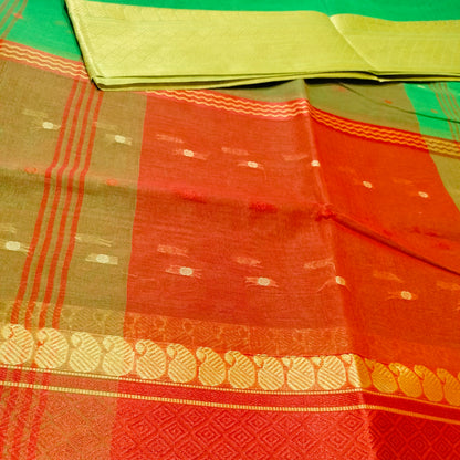 Cotton Handloom Green with Red