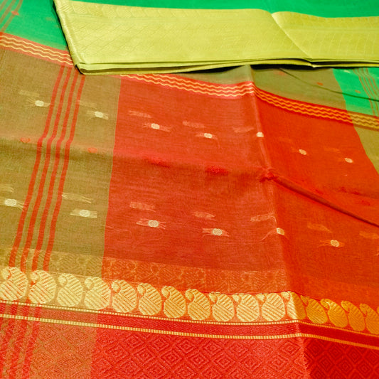 Cotton Handloom Green with Red
