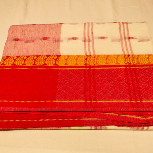 Cotton Handloom White with Red