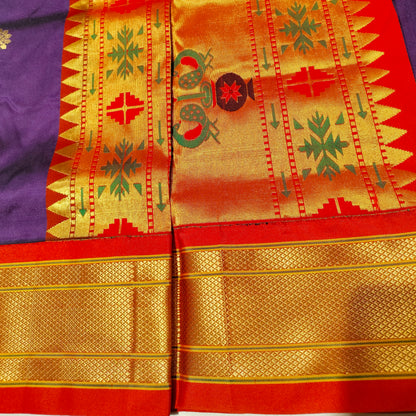 Paithani Pure Silk Purple With Orange Red