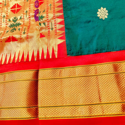 Paithani Pure Silk Bottle Green With Orange Red