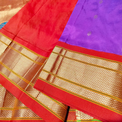 Paithani Pure Silk Dark Violet With Orange Red