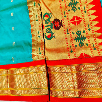 Paithani Pure Silk Light Green With Orange Red