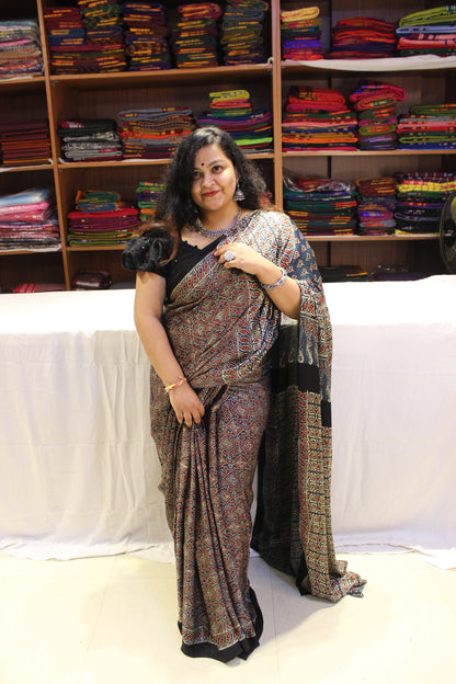 Ajrakh Modal Silk Saree black with Indigo