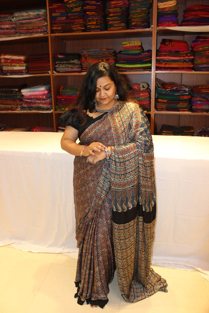 Ajrakh Modal Silk Saree black with Indigo